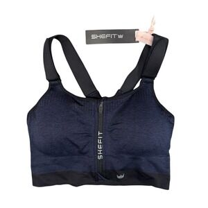 NEW SHEFIT Low Impact Sports Bra Front Zip Closure Heathered Indigo Blue 1Luxe a